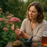 Žena zbiera skalnú ružu na liečebné účely v záhrade.