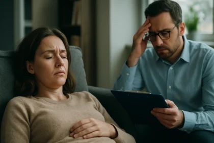 Človek s úzkosťou počas autogénneho tréningu s psychológom