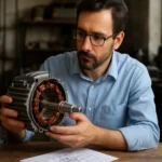 Muž skúma elektromotor a jeho súčasti na pracovnom stole.