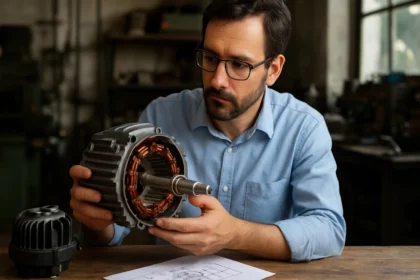 Muž skúma elektromotor a jeho súčasti na pracovnom stole.