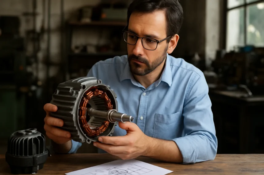 Muž skúma elektromotor a jeho súčasti na pracovnom stole.