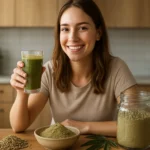 Žena s konopným proteínom a zeleným smoothie v kuchyni