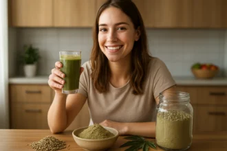 Žena s konopným proteínom a zeleným smoothie v kuchyni