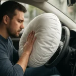 Muž v aute s nafúknutým airbagom SRS pri simulácii nárazu.