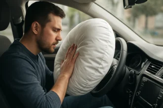 Muž v aute s nafúknutým airbagom SRS pri simulácii nárazu.
