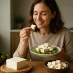 Žena si užíva tofu s brokolicou na tanieri v zdravej kuchyni.