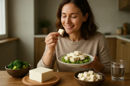 Žena si užíva tofu s brokolicou na tanieri v zdravej kuchyni.