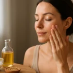 Žena si nanáša prírodný olej na tvár pre zdravú pleť.