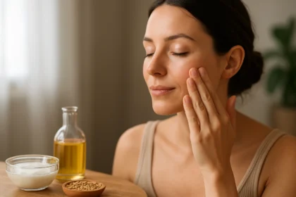 Žena si nanáša prírodný olej na tvár pre zdravú pleť.