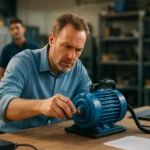 Technik pracuje na modrom vibromotore v priemyslenej dielni.