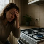 Žena sa cíti nepríjemne v kuchyni blízko sporáka, varovanie pred otravou oxidu uhoľnatého.