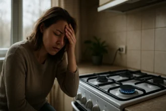 Žena sa cíti nepríjemne v kuchyni blízko sporáka, varovanie pred otravou oxidu uhoľnatého.