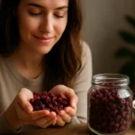 Žena drži sušené brusnice v rukách, okolo sú aj iné brusnice.