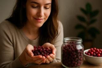 Žena drži sušené brusnice v rukách, okolo sú aj iné brusnice.