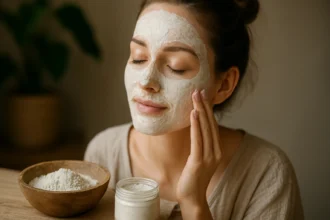 Žena s maskou z bielej hliny na tvári a prírodními produktmi.