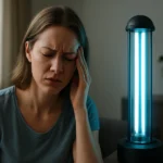 Žena s bolesťou hlavy vedľa germicídnej lampy.