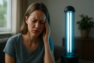 Žena s bolesťou hlavy vedľa germicídnej lampy.