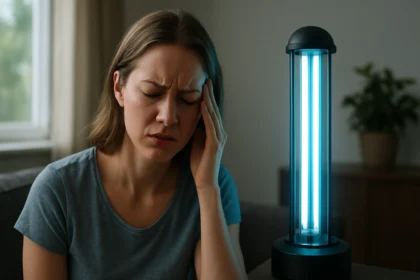 Žena s bolesťou hlavy vedľa germicídnej lampy.