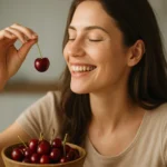 Žena sa smeje a drží višňu nad mísou plnou višní.