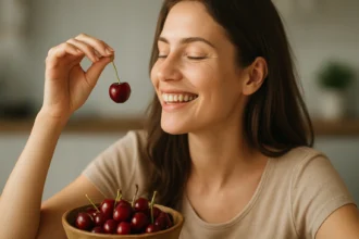 Žena sa smeje a drží višňu nad mísou plnou višní.