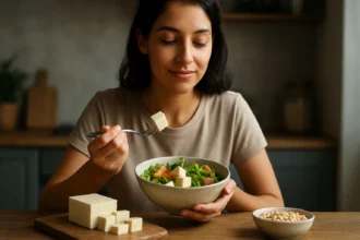 Žena s tanierom šalátu a tofu, zdravá výživa