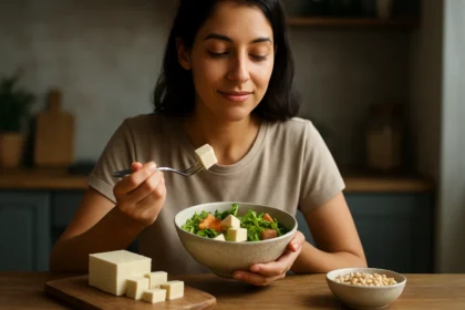 Žena s tanierom šalátu a tofu, zdravá výživa