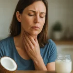 Žena sa dotýka krku, pričom vedľa nej je kokos a kokosový olej.