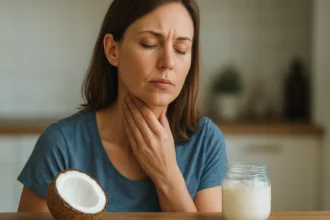 Žena sa dotýka krku, pričom vedľa nej je kokos a kokosový olej.
