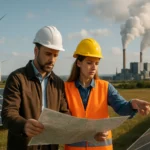 Odborníci v oblasti obnoviteľnej energie skúmajú mapu s veternými turbínami a solárnymi panelmi.