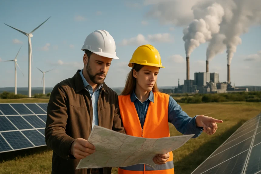Odborníci v oblasti obnoviteľnej energie skúmajú mapu s veternými turbínami a solárnymi panelmi.