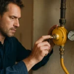 Muž kontroluje regulátor plynu na bezpečné používanie.