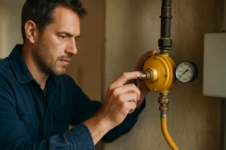 Muž kontroluje regulátor plynu na bezpečné používanie.