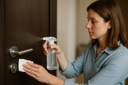 Žena čistí dverovú kľučku dezinfekčným sprejom.