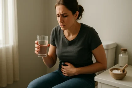 Mladá žena drží pohár vody, čelí problémom so zápchou.