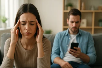 Žena so stresom spôsobeným interferenciou v každodennom živote.