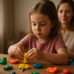 Dievča modeluje farebné hmoty s matkou v pozadí.