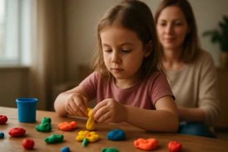 Dievča modeluje farebné hmoty s matkou v pozadí.