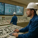 Odborník ovládajúci riadiaci panel jadrovej elektrárne.