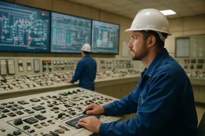 Odborník ovládajúci riadiaci panel jadrovej elektrárne.