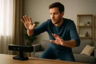 Muž interagujúci s technológiou Kinect pre detekciu pohybu a gest.