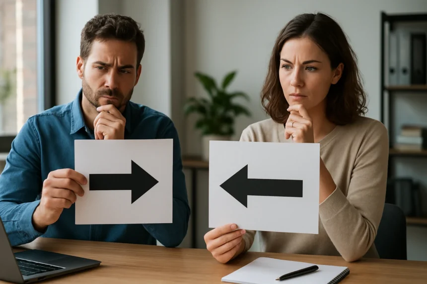 Dve osoby zisťujú, ktorú možnosť uprednostniť, ukazujú smerovníky.