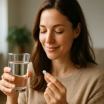 Žena si pripravuje citrát horečnatý s pohárom vody pre lepšie zdravie.
