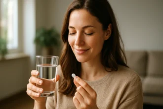 Žena si pripravuje citrát horečnatý s pohárom vody pre lepšie zdravie.