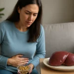 Žena so bolesťou brucha a miskou s pistáciami vedľa organizmu pečene