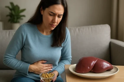 Žena so bolesťou brucha a miskou s pistáciami vedľa organizmu pečene