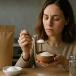 Žena skúša erytritol - bezkalorické sladidlo s nízkym GI.