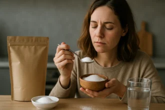 Žena skúša erytritol - bezkalorické sladidlo s nízkym GI.