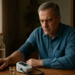 Muž merajúci krvný tlak so pohárom pálenky a vodou na stole.