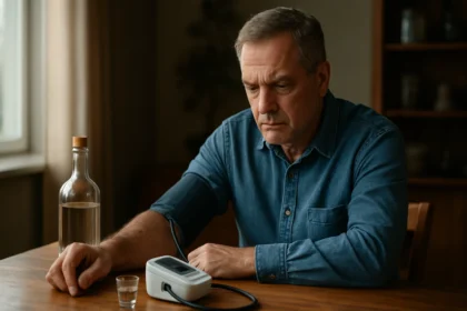 Muž merajúci krvný tlak so pohárom pálenky a vodou na stole.