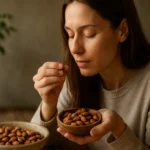 Žena vychutnávajúca si horké mandle v príjemnom prostredí.